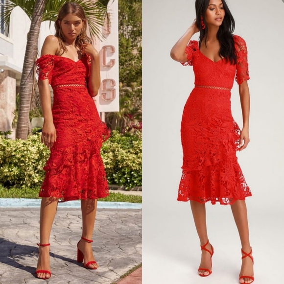 Lulu's | Briarwood Red Lace Midi Dress - Picture 1 of 9